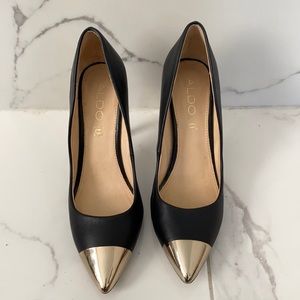 Aldo Black Leather Heels with Metal Toe Cap